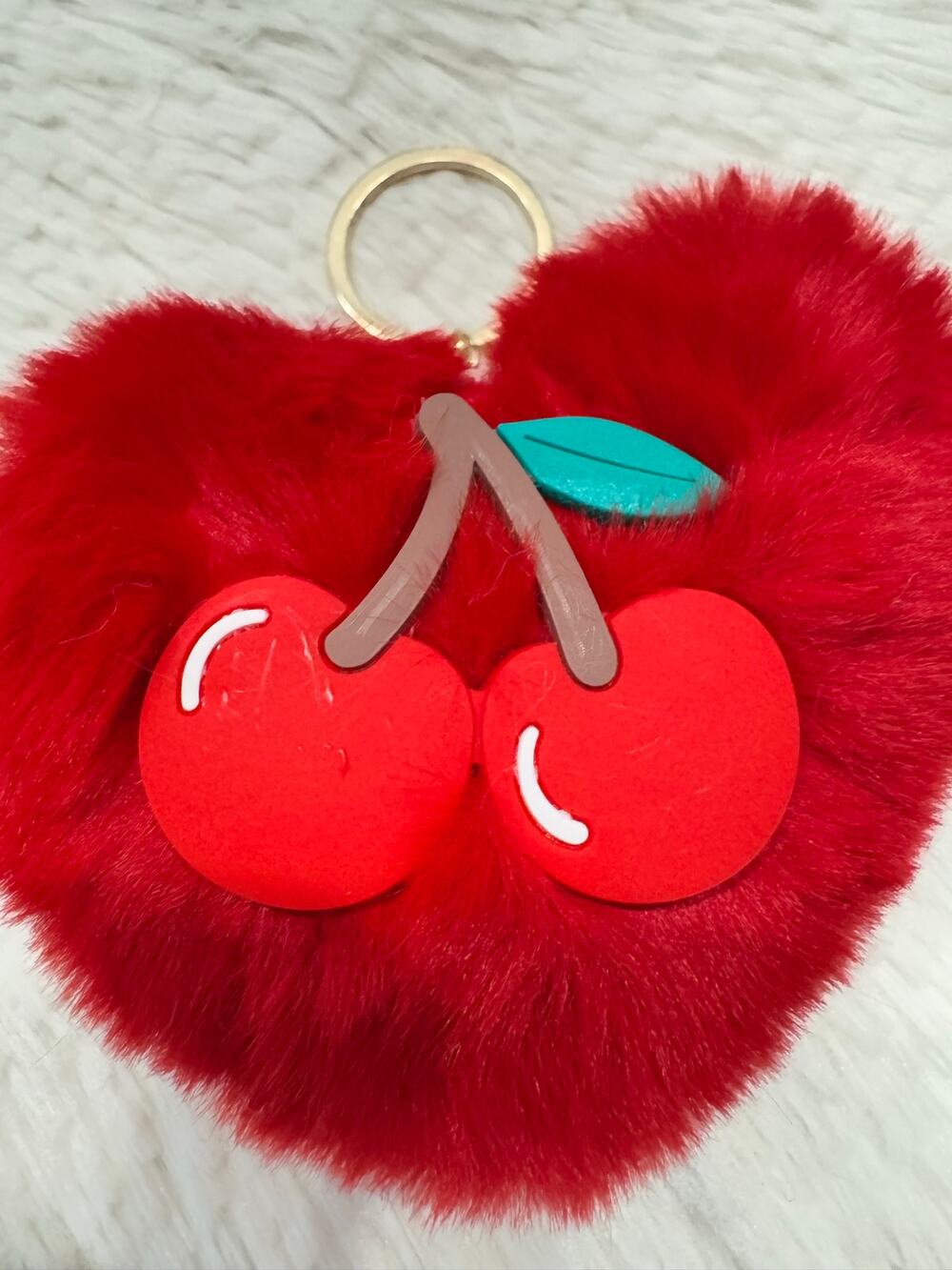 Fuzzy red heart Pompom keychain with cherry and gold metal bag charm